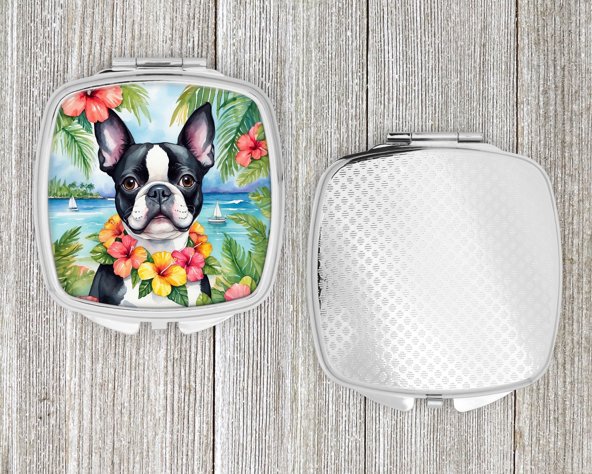 Boston Terrier Luau Compact Mirror Decorative Travel Makeup Mirror for Women Girls Gifts Pocket Makeup Mirror Folding Handheld