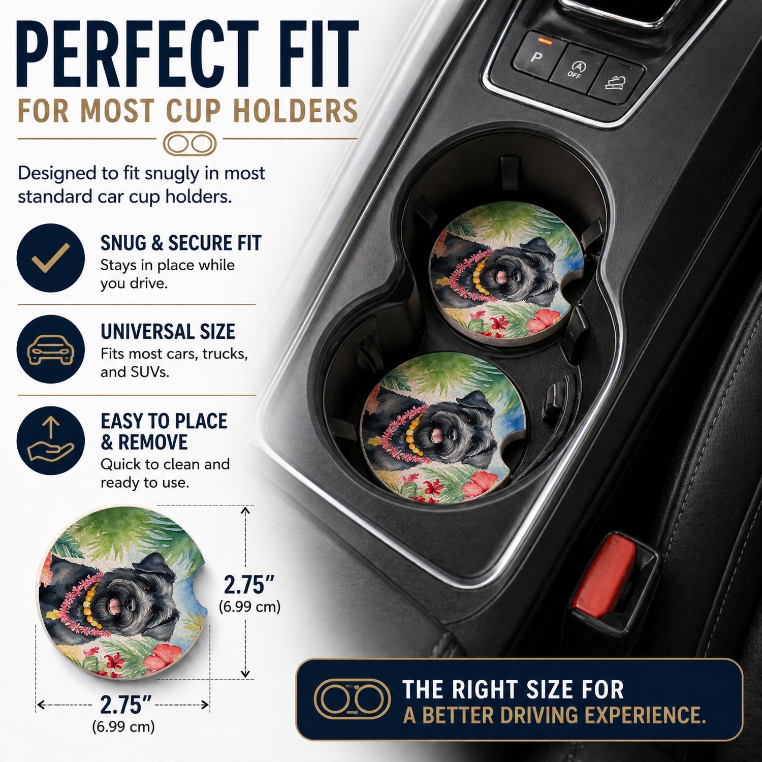 Bouvier des Flandres Luau Set of 2 Cup Holder Car Coasters Absorbent Round Sandstone Coasters Gifts for Men or Women, 2.5, Multicolor