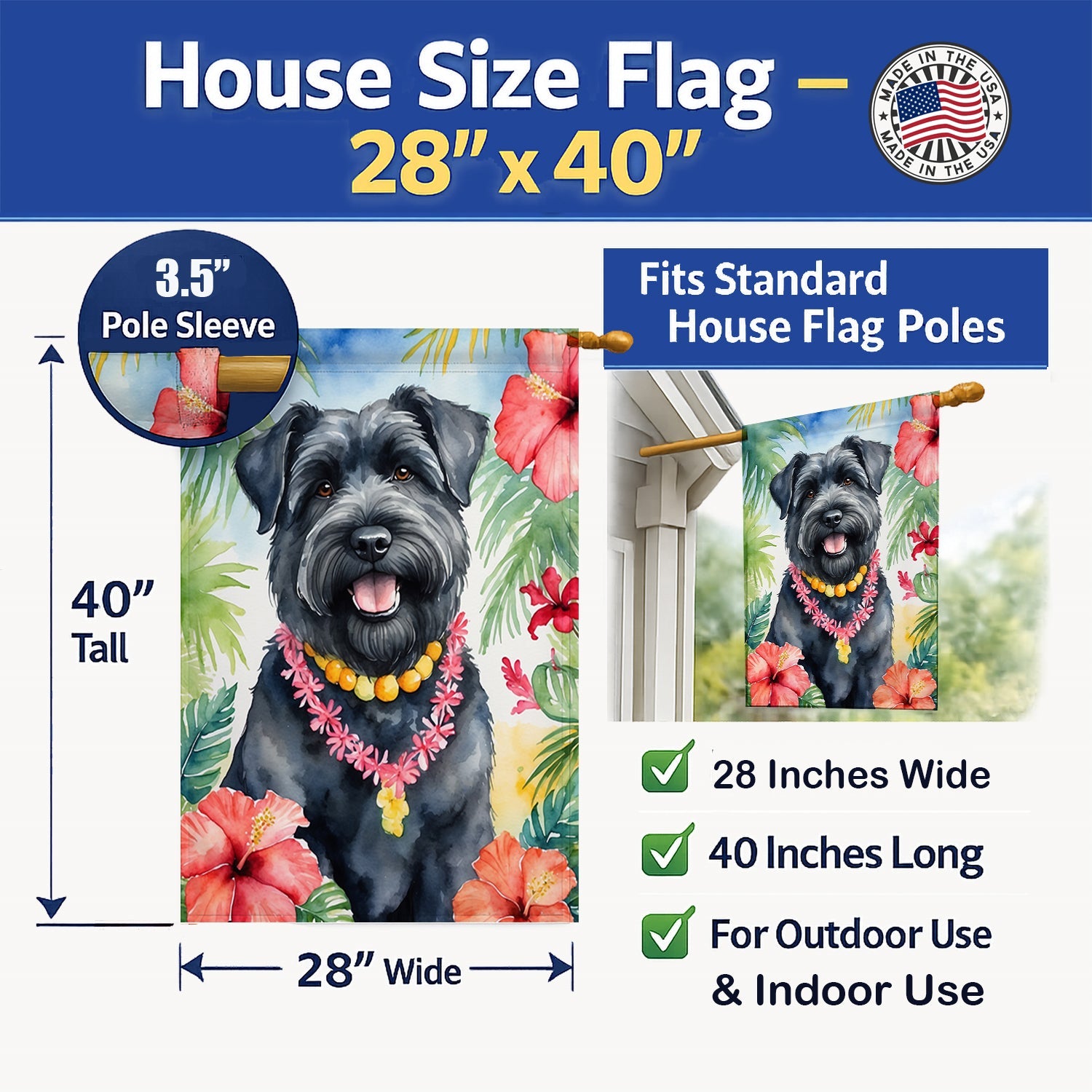 Bouvier des Flandres Luau House Flag 28x40 Porch Sleeve Pole Decorative Outside Yard Banner Artwork Wall Hanging, Polyester