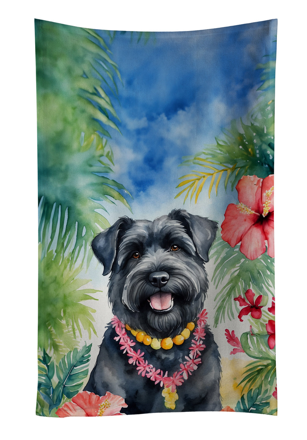 Bouvier des Flandres Luau Kitchen Towel Velour Plush Front and Cotton Loop Back Machine Washable