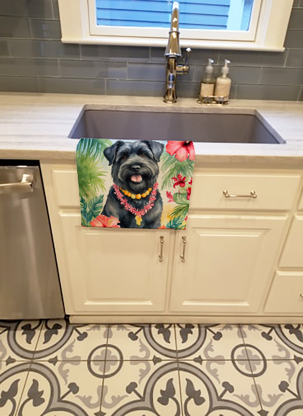 Bouvier des Flandres Luau Kitchen Towel Velour Plush Front and Cotton Loop Back Machine Washable