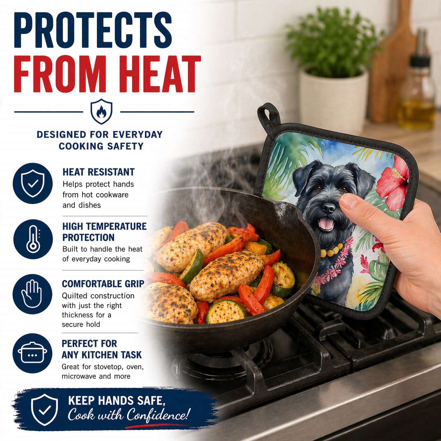 Bouvier des Flandres Luau Pot Holder Set of 2 Heat Resistant Quilted Hot Pads 7.5 x 7.5 Inch, Insulated Kitchen Trivets for Cooking & Baking