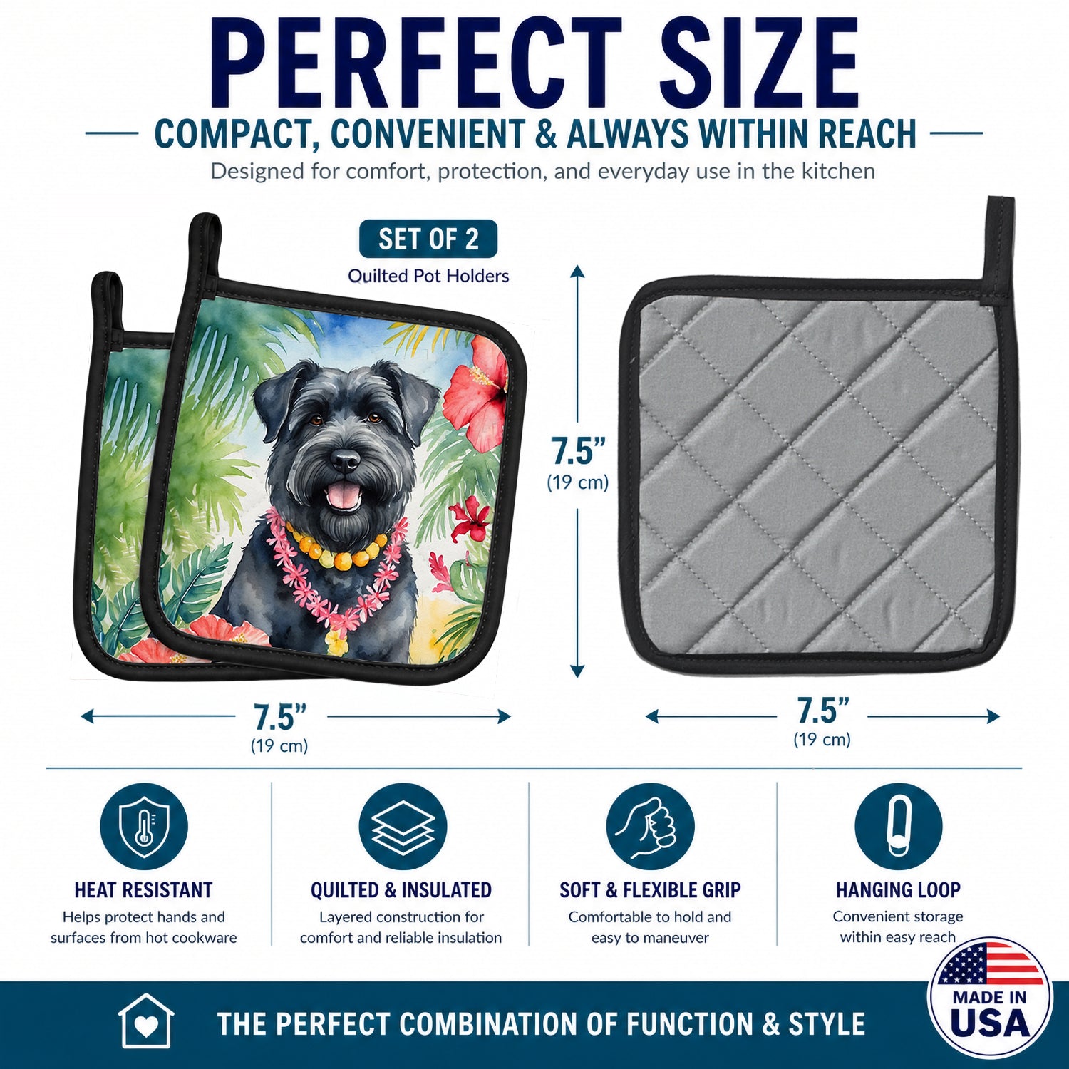 Bouvier des Flandres Luau Pot Holder Set of 2 Heat Resistant Quilted Hot Pads 7.5 x 7.5 Inch, Insulated Kitchen Trivets for Cooking & Baking