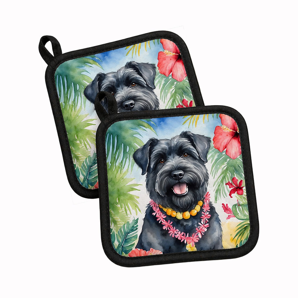 Bouvier des Flandres Luau Pot Holder Set of 2 Heat Resistant Quilted Hot Pads 7.5 x 7.5 Inch, Insulated Kitchen Trivets for Cooking & Baking