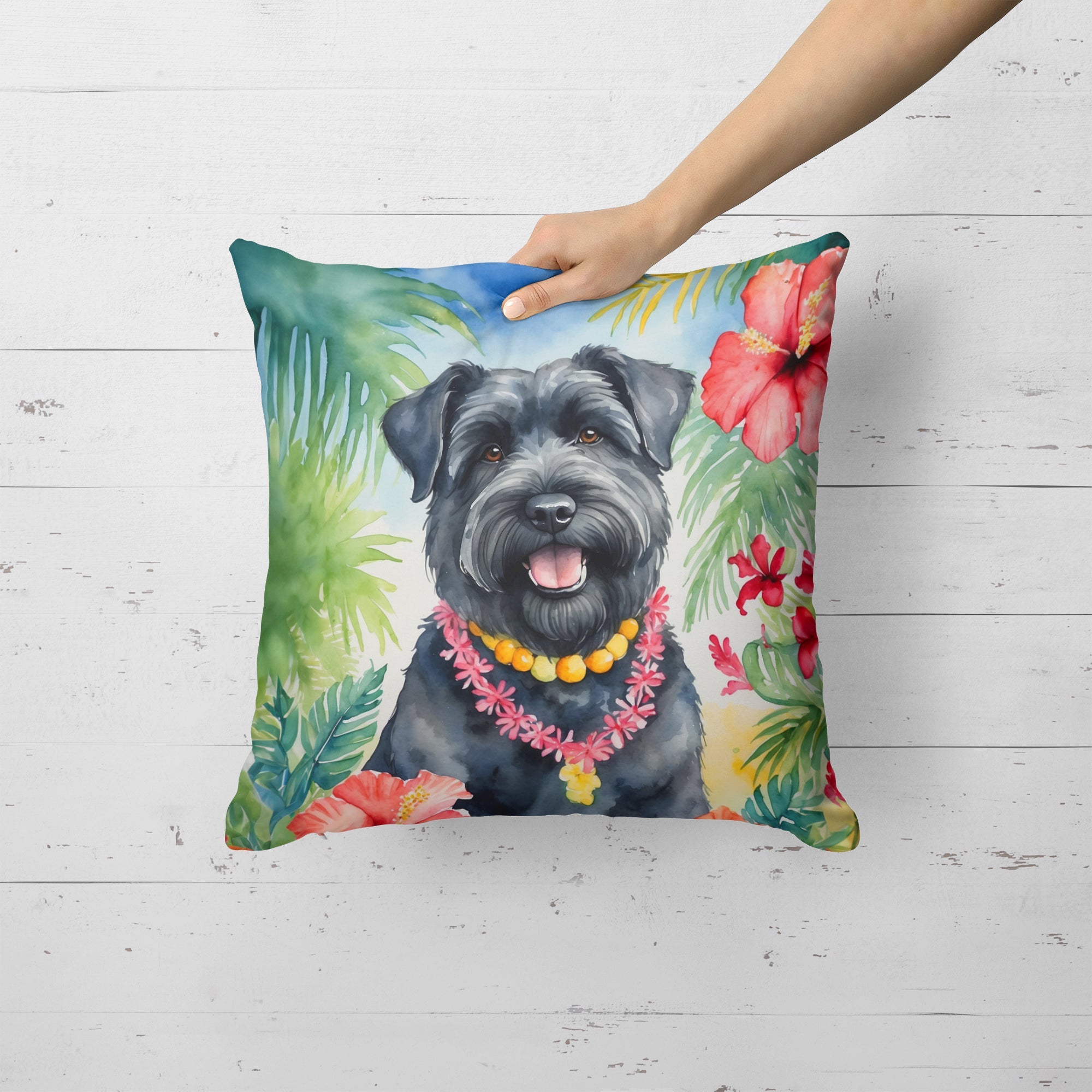 Bouvier des Flandres Luau Decorative Throw Pillow 18x18 Indoor Outdoor Accent Cushion, Fabric Cover with Insert for Sofa, Bed, Porch & Living Room
