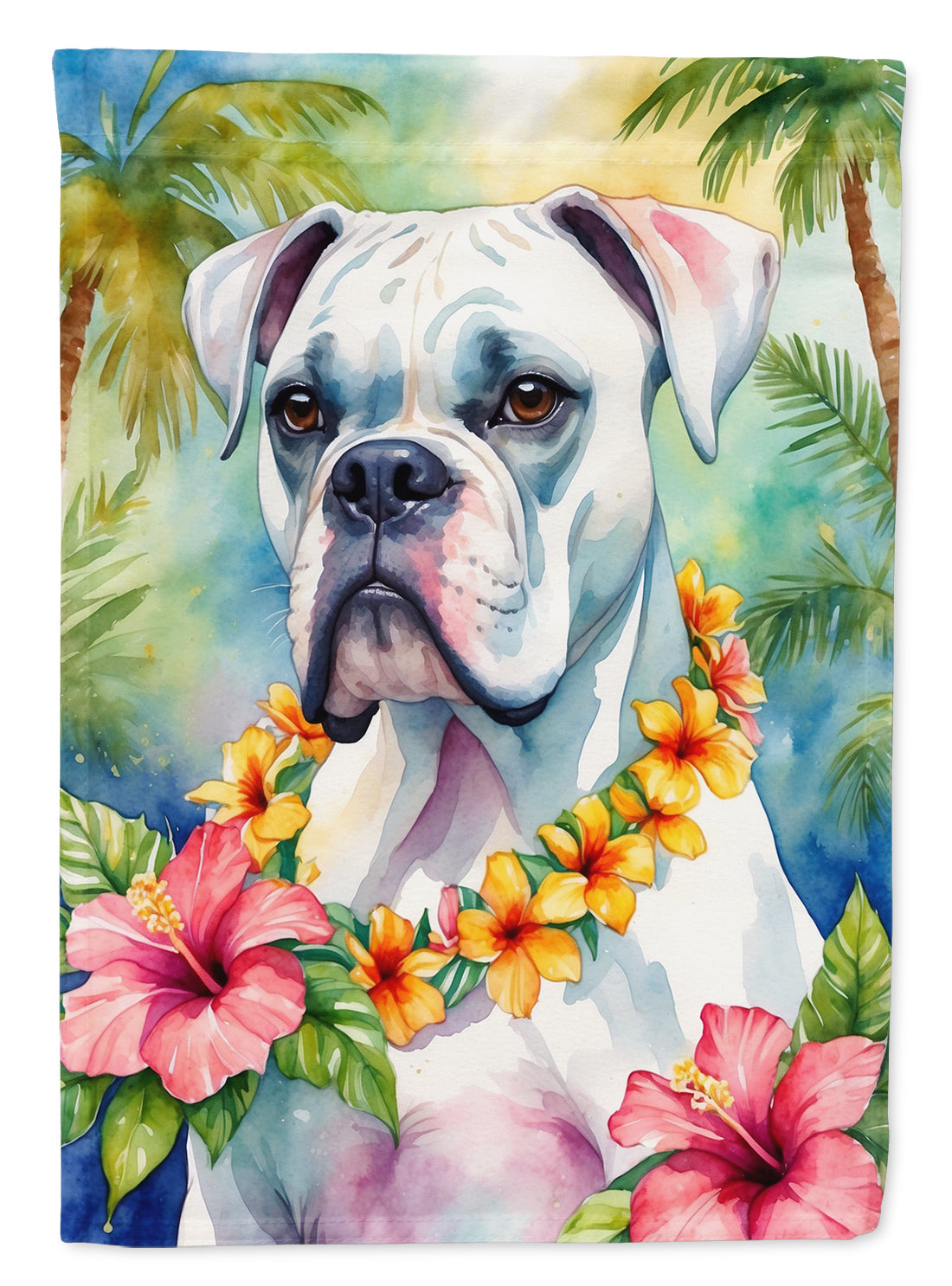 White Boxer Luau House Flag 28x40 Porch Sleeve Pole Decorative Outside Yard Banner Artwork Wall Hanging, Polyester