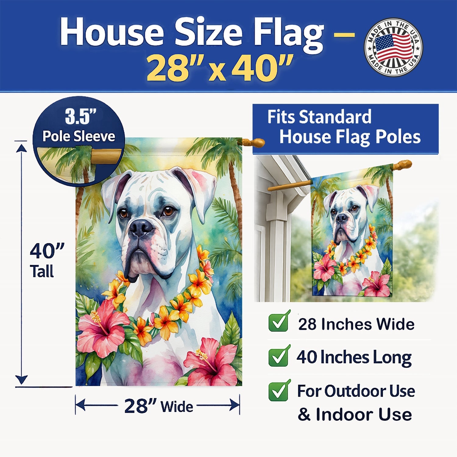 White Boxer Luau House Flag 28x40 Porch Sleeve Pole Decorative Outside Yard Banner Artwork Wall Hanging, Polyester