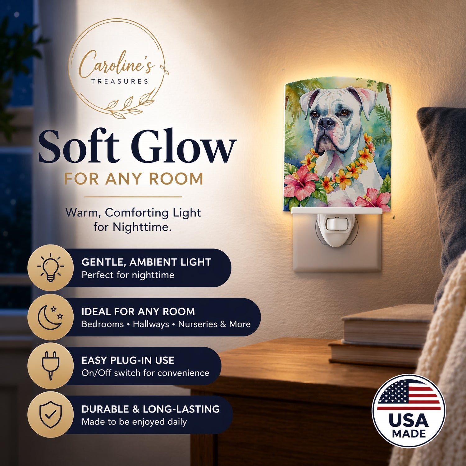 White Boxer Luau Ceramic Night Light Compact, UL-Certified, Ideal for Bedroom, Bathroom, Nursery, Hallway, Kitchen, 6x4x3, Multicolor