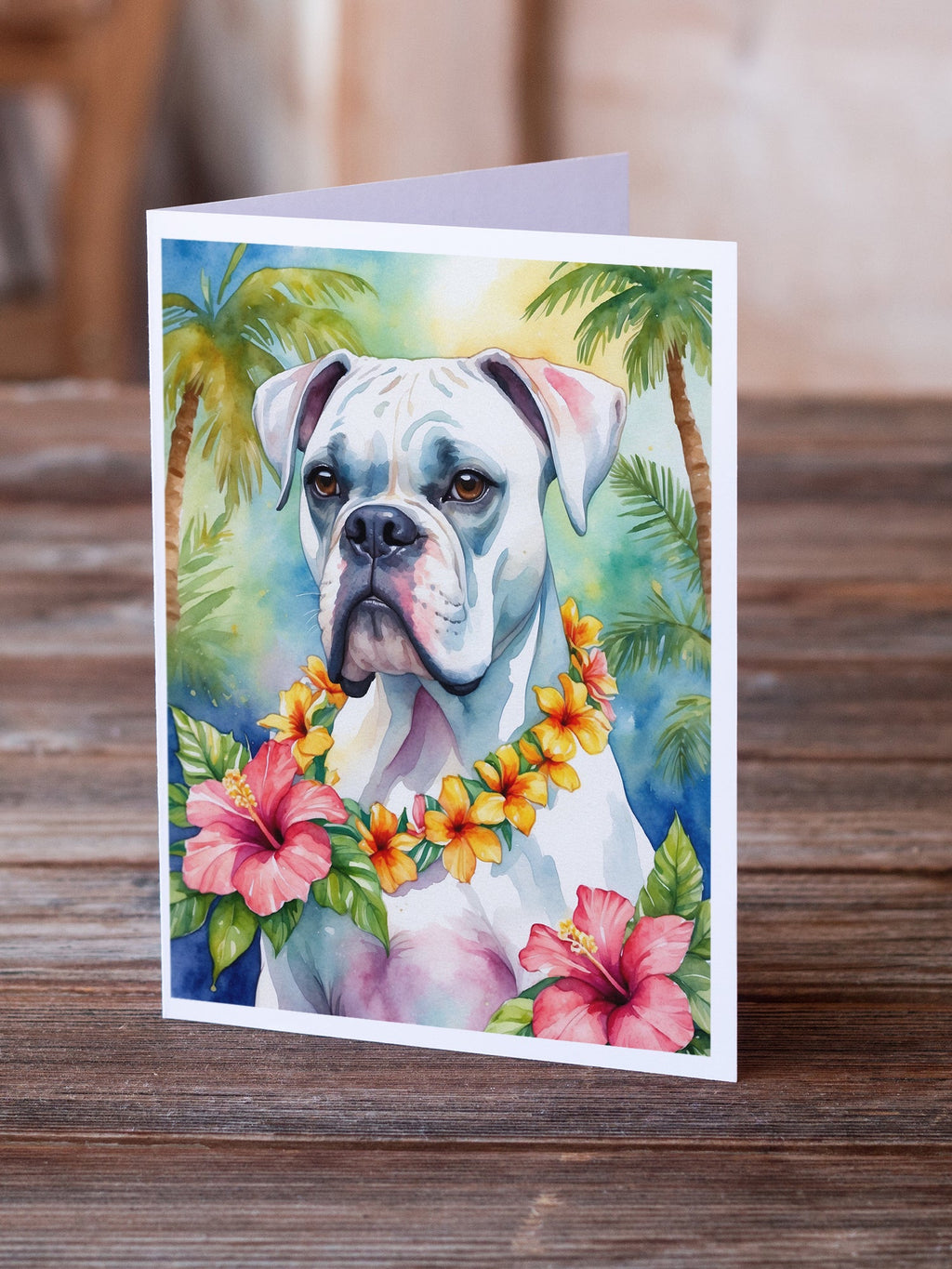 White Boxer Luau Greeting Cards Pack of 8 Blank Cards with Envelopes Whimsical A7 Size 5x7