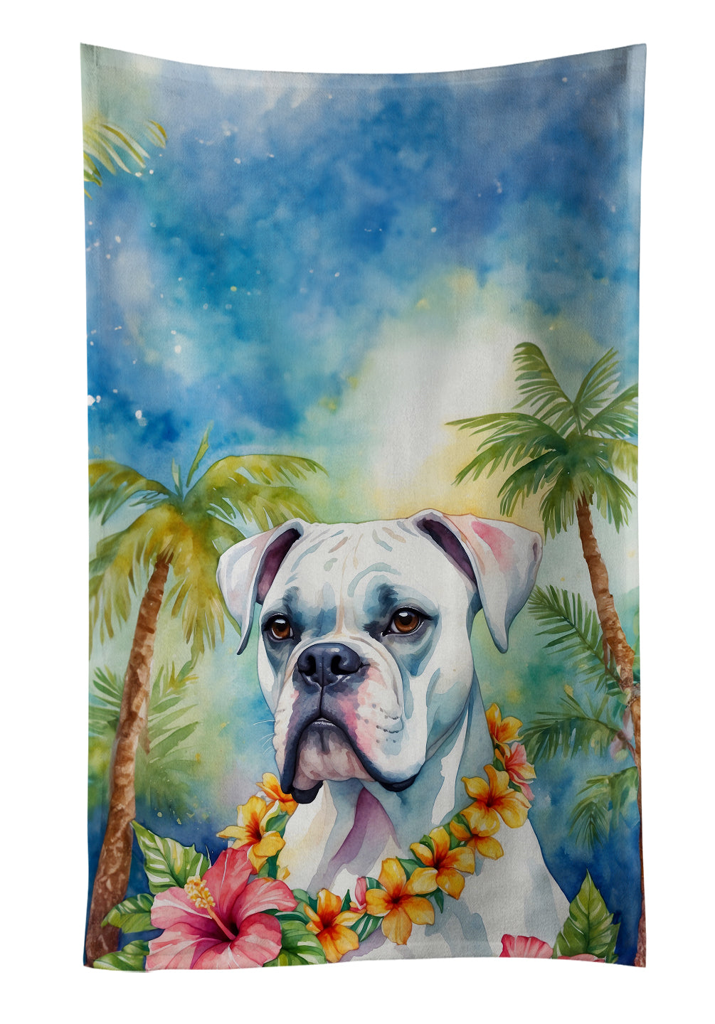 White Boxer Luau Kitchen Towel Velour Plush Front and Cotton Loop Back Machine Washable