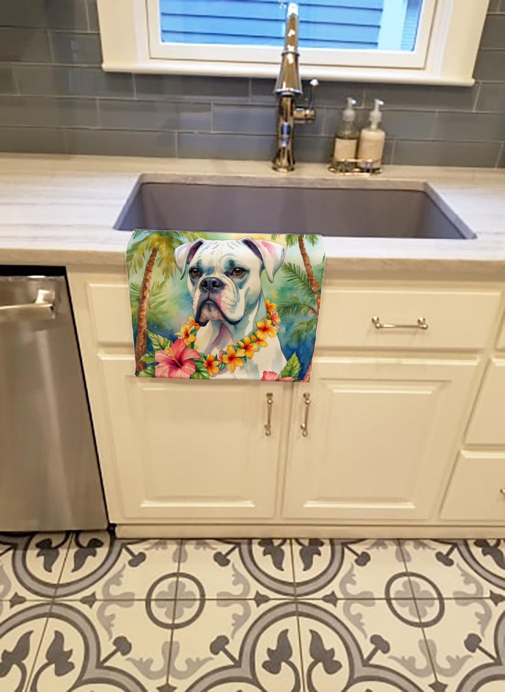 White Boxer Luau Kitchen Towel Velour Plush Front and Cotton Loop Back Machine Washable