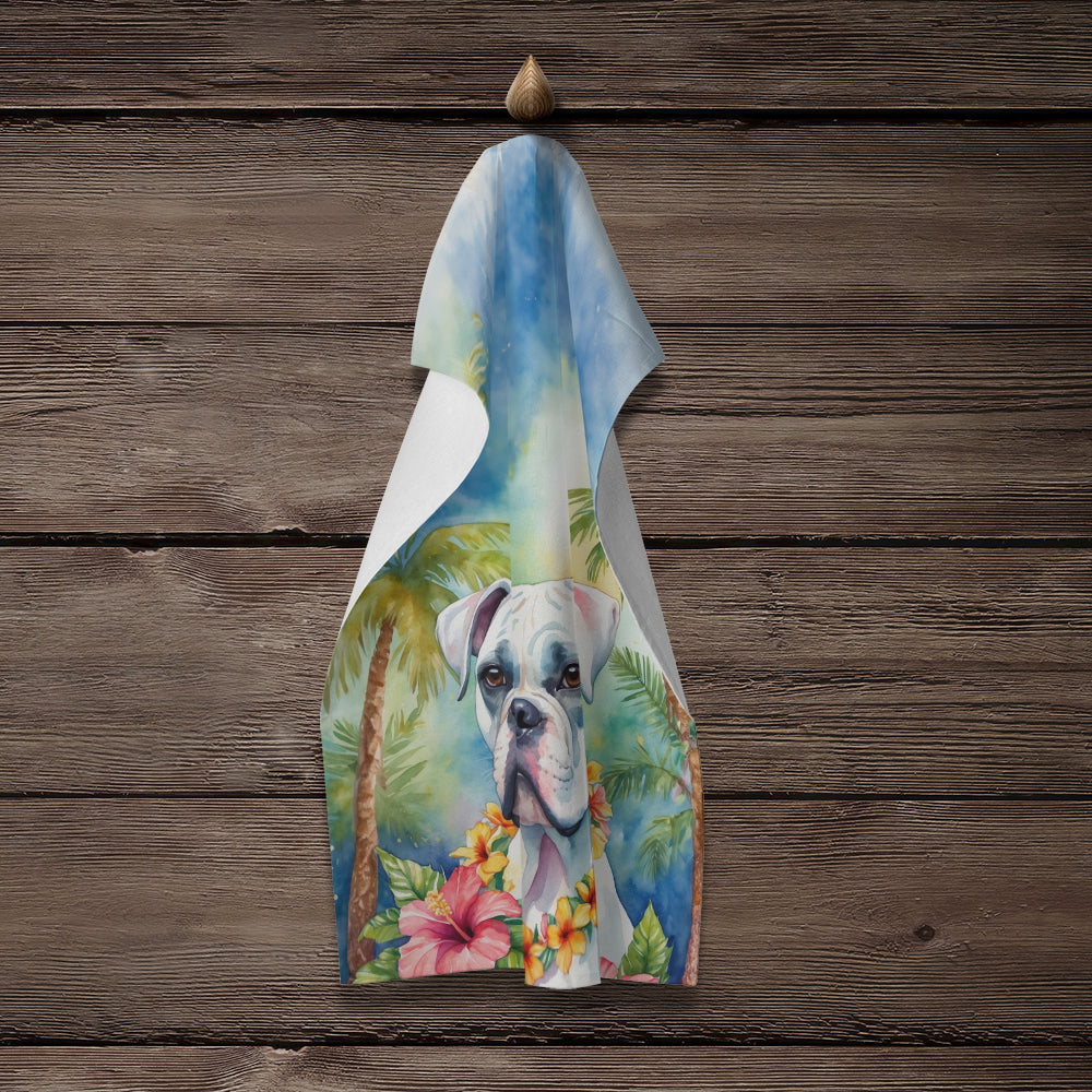 White Boxer Luau Kitchen Towel Velour Plush Front and Cotton Loop Back Machine Washable