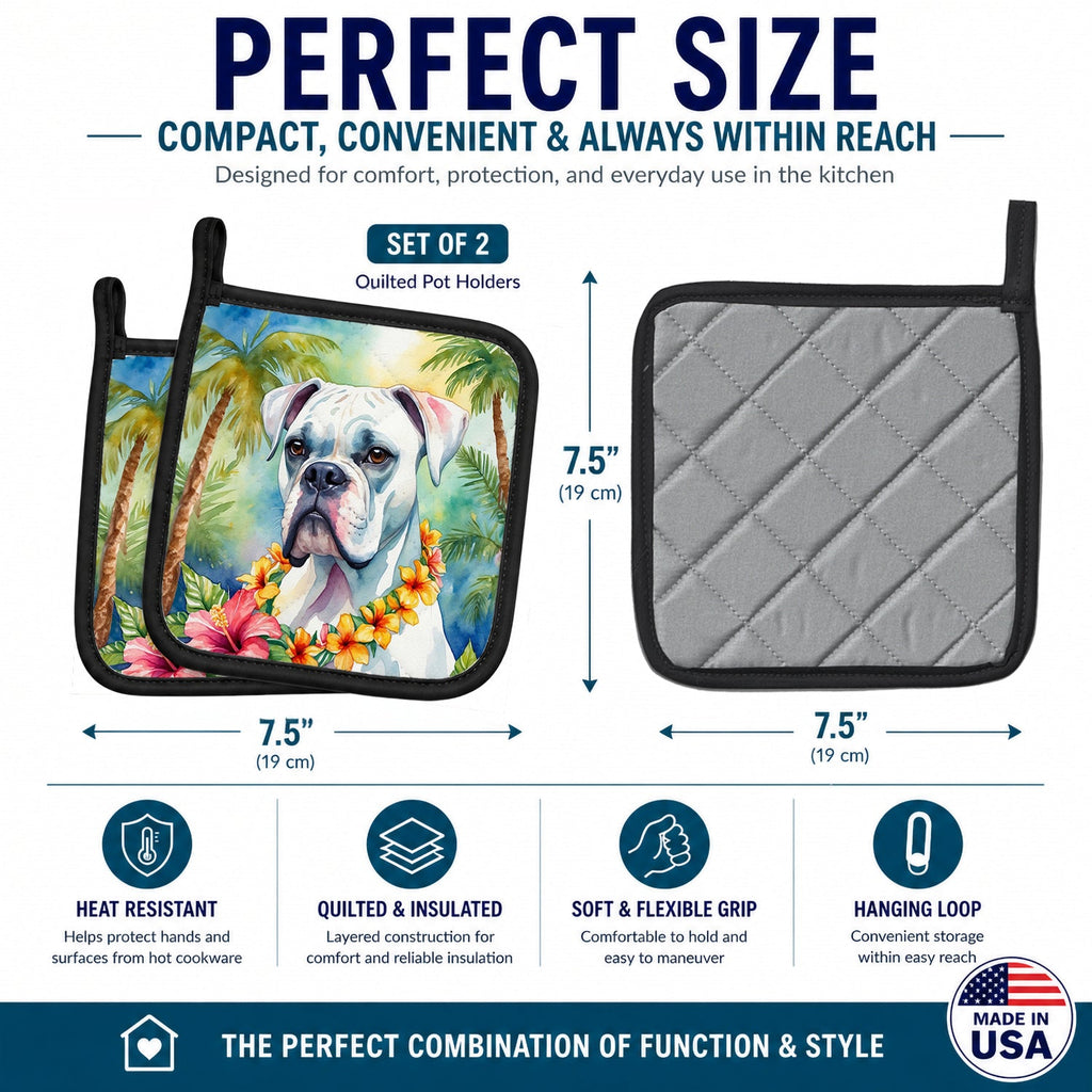 White Boxer Luau Pot Holder Set of 2 Heat Resistant Quilted Hot Pads 7.5 x 7.5 Inch, Insulated Kitchen Trivets for Cooking & Baking