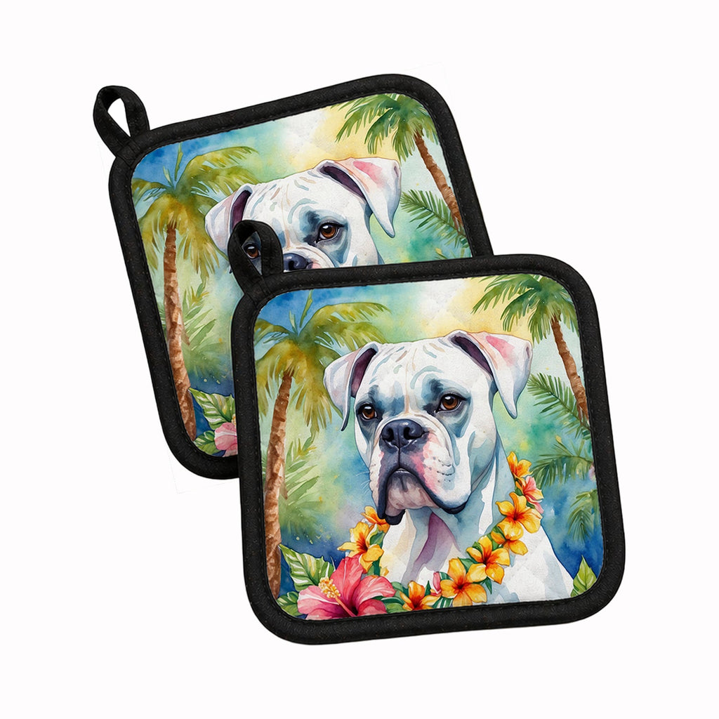 White Boxer Luau Pot Holder Set of 2 Heat Resistant Quilted Hot Pads 7.5 x 7.5 Inch, Insulated Kitchen Trivets for Cooking & Baking