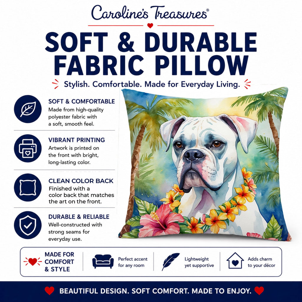 White Boxer Luau Decorative Throw Pillow 14x14 Indoor Outdoor Accent Cushion, Fabric Cover with Insert for Sofa, Bed, Porch & Living Room