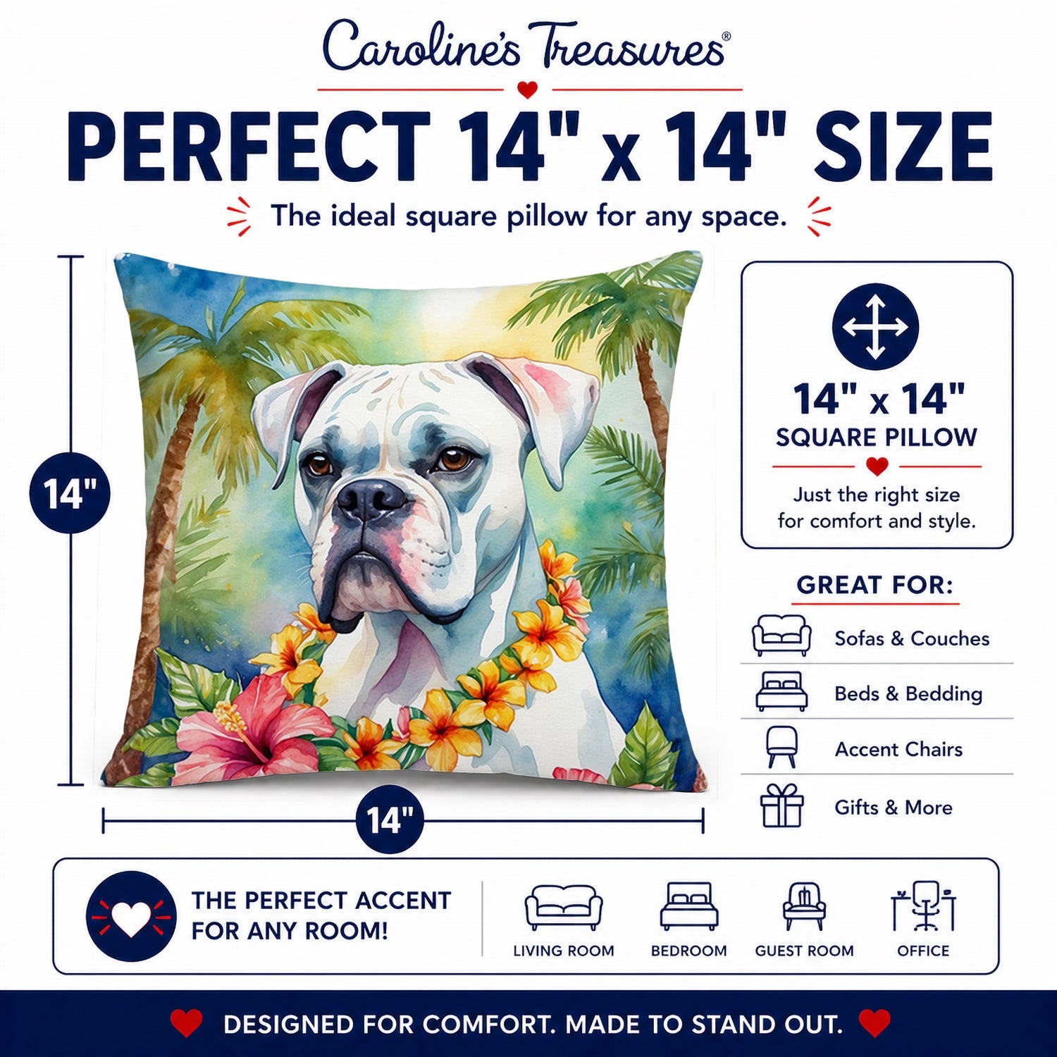 White Boxer Luau Decorative Throw Pillow 14x14 Indoor Outdoor Accent Cushion, Fabric Cover with Insert for Sofa, Bed, Porch & Living Room