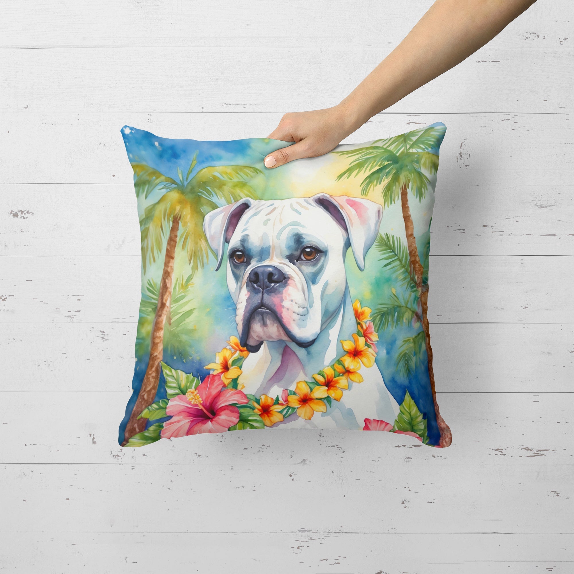 White Boxer Luau Decorative Throw Pillow 18x18 Indoor Outdoor Accent Cushion, Fabric Cover with Insert for Sofa, Bed, Porch & Living Room