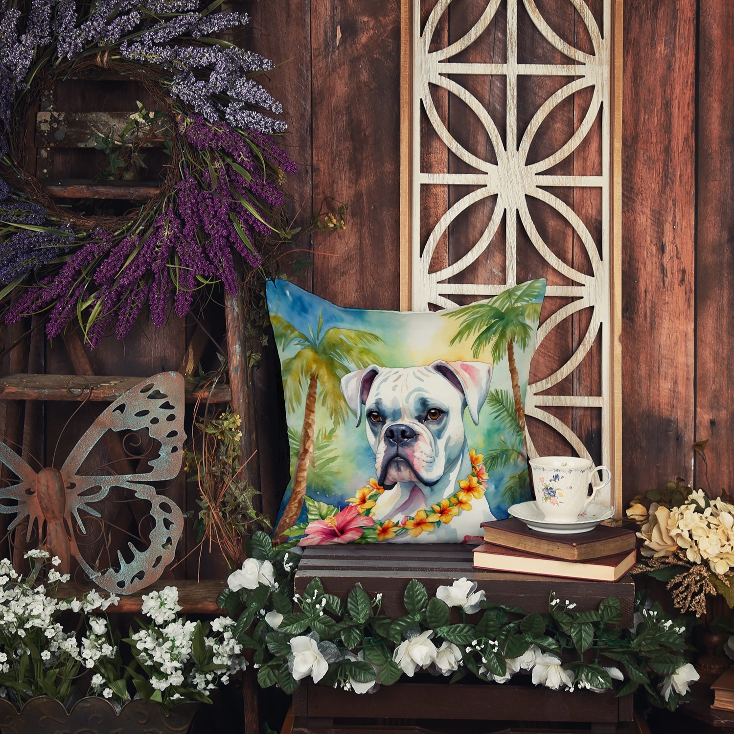 White Boxer Luau Decorative Throw Pillow 18x18 Indoor Outdoor Accent Cushion, Fabric Cover with Insert for Sofa, Bed, Porch & Living Room
