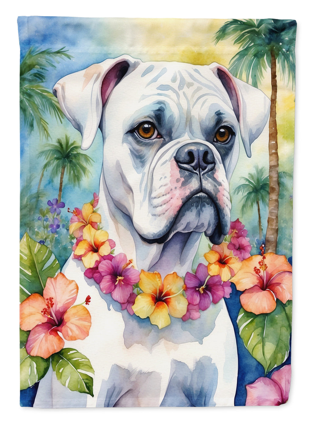 White Boxer Luau House Flag 28x40 Porch Sleeve Pole Decorative Outside Yard Banner Artwork Wall Hanging, Polyester