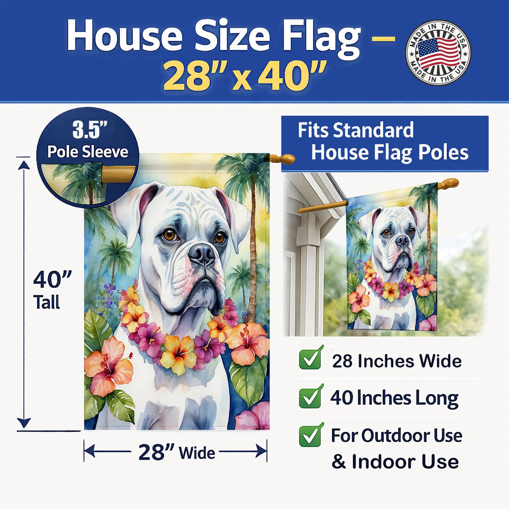 White Boxer Luau House Flag 28x40 Porch Sleeve Pole Decorative Outside Yard Banner Artwork Wall Hanging, Polyester