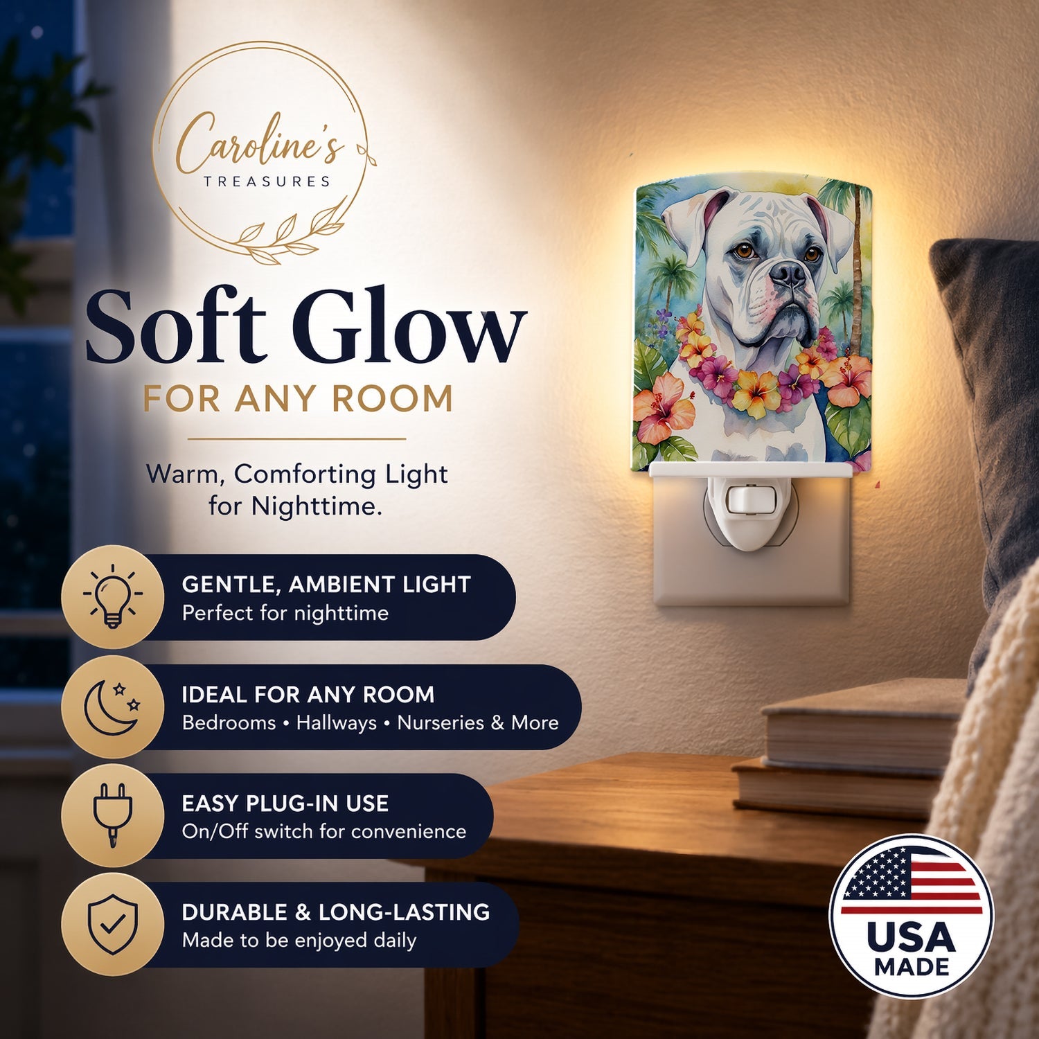 White Boxer Luau Ceramic Night Light Compact, UL-Certified, Ideal for Bedroom, Bathroom, Nursery, Hallway, Kitchen, 6x4x3, Multicolor