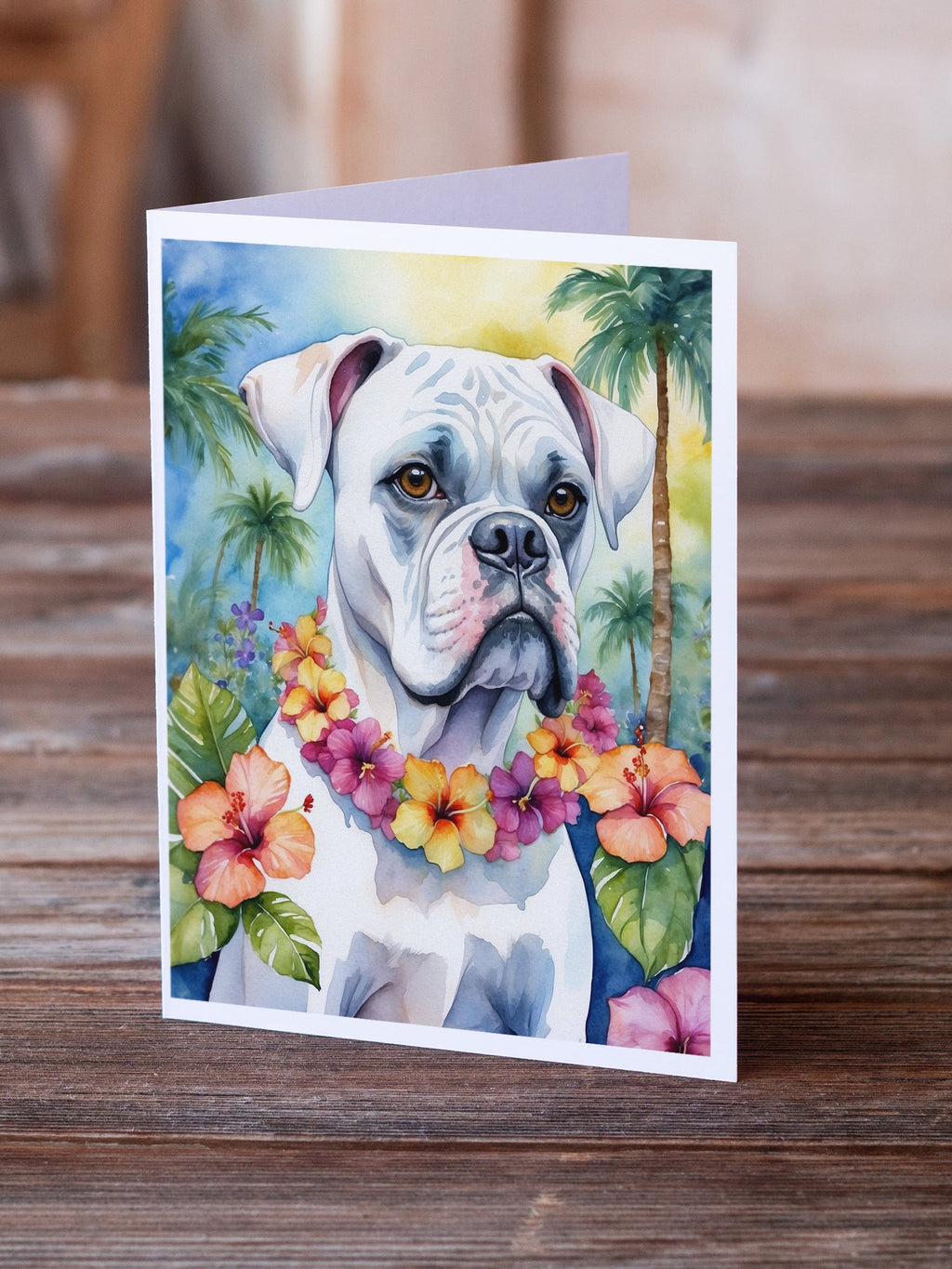 White Boxer Luau Greeting Cards Pack of 8 Blank Cards with Envelopes Whimsical A7 Size 5x7