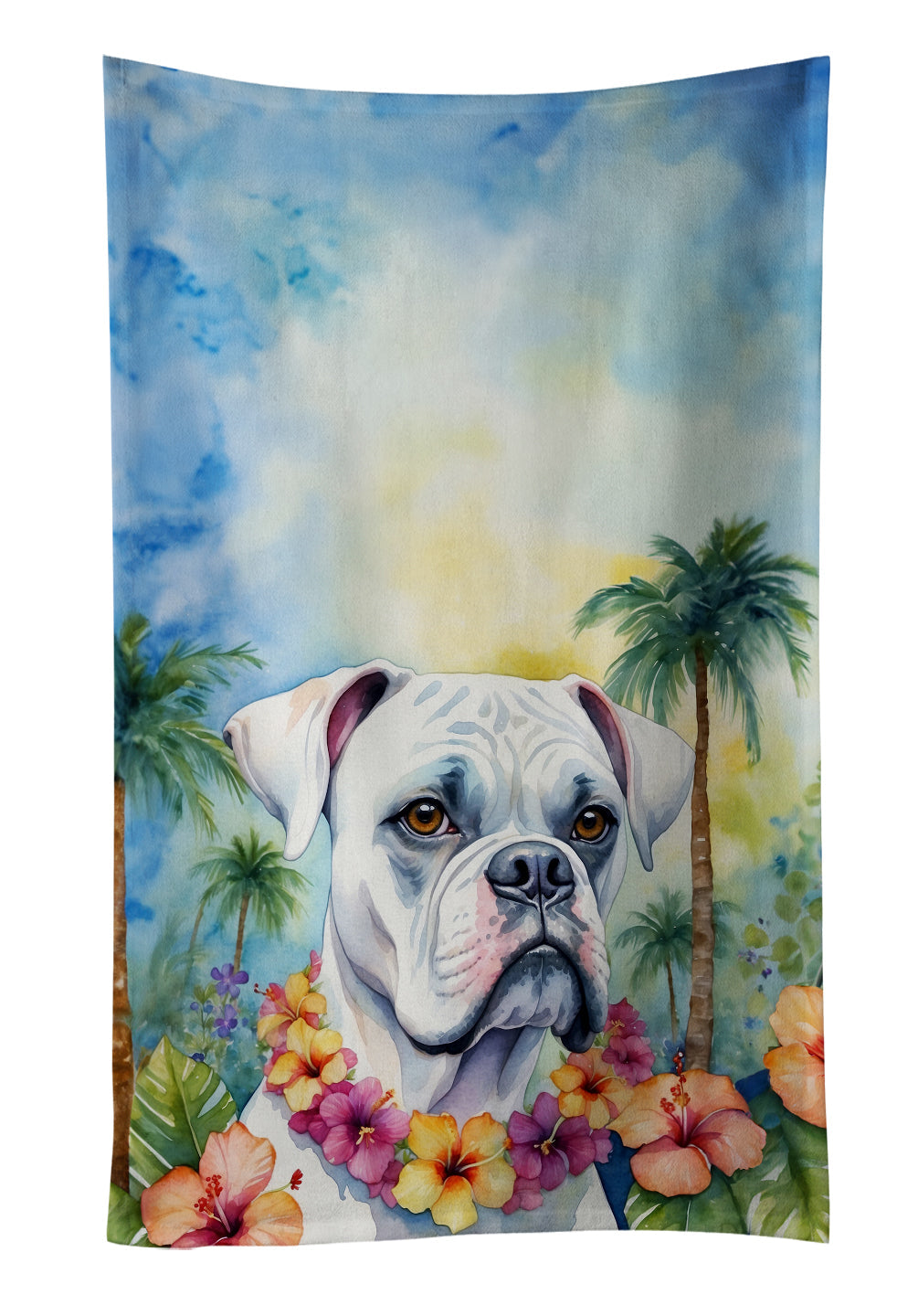 White Boxer Luau Kitchen Towel Velour Plush Front and Cotton Loop Back Machine Washable