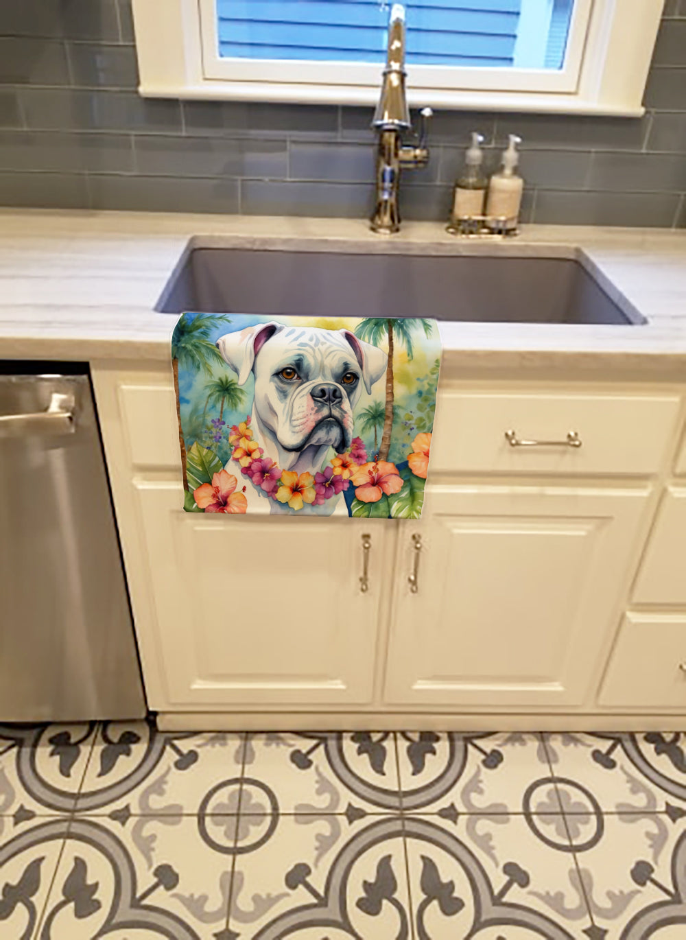 White Boxer Luau Kitchen Towel Velour Plush Front and Cotton Loop Back Machine Washable
