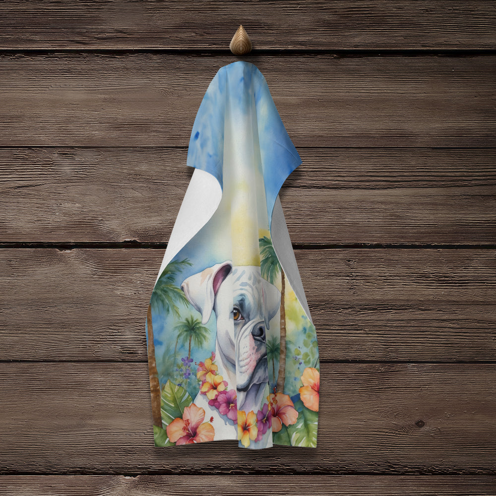 White Boxer Luau Kitchen Towel Velour Plush Front and Cotton Loop Back Machine Washable