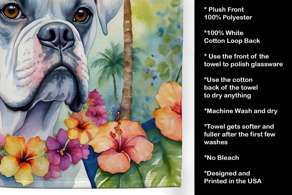 White Boxer Luau Kitchen Towel Velour Plush Front and Cotton Loop Back Machine Washable