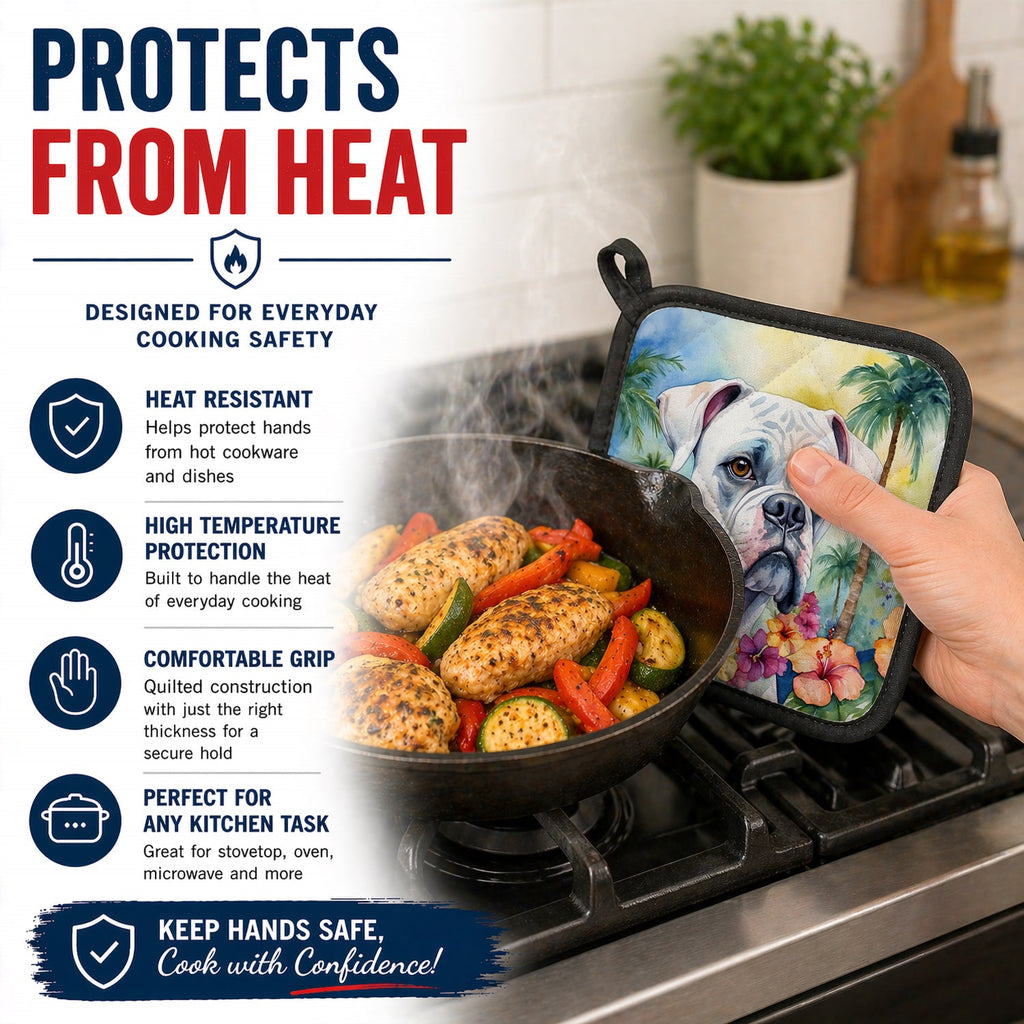 White Boxer Luau Pot Holder Set of 2 Heat Resistant Quilted Hot Pads 7.5 x 7.5 Inch, Insulated Kitchen Trivets for Cooking & Baking