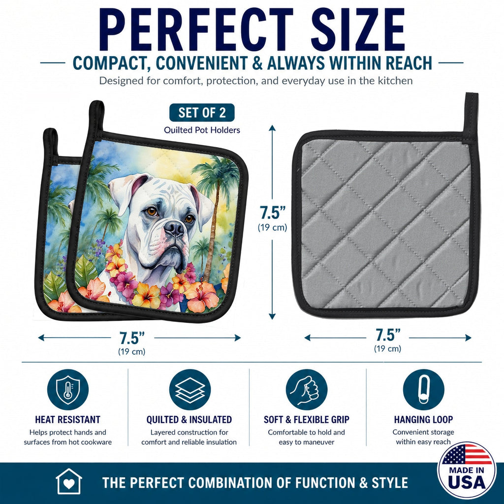 White Boxer Luau Pot Holder Set of 2 Heat Resistant Quilted Hot Pads 7.5 x 7.5 Inch, Insulated Kitchen Trivets for Cooking & Baking