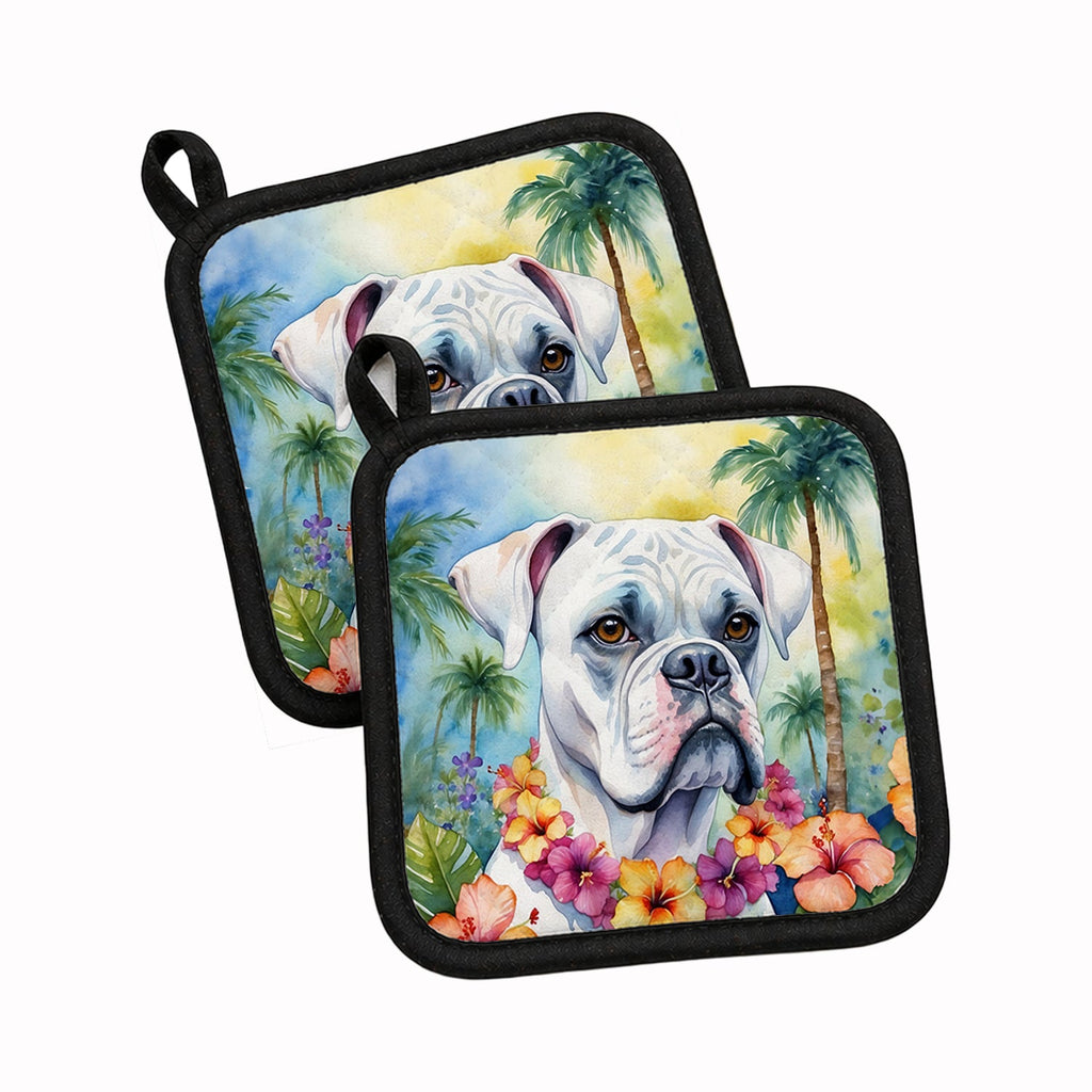 White Boxer Luau Pot Holder Set of 2 Heat Resistant Quilted Hot Pads 7.5 x 7.5 Inch, Insulated Kitchen Trivets for Cooking & Baking