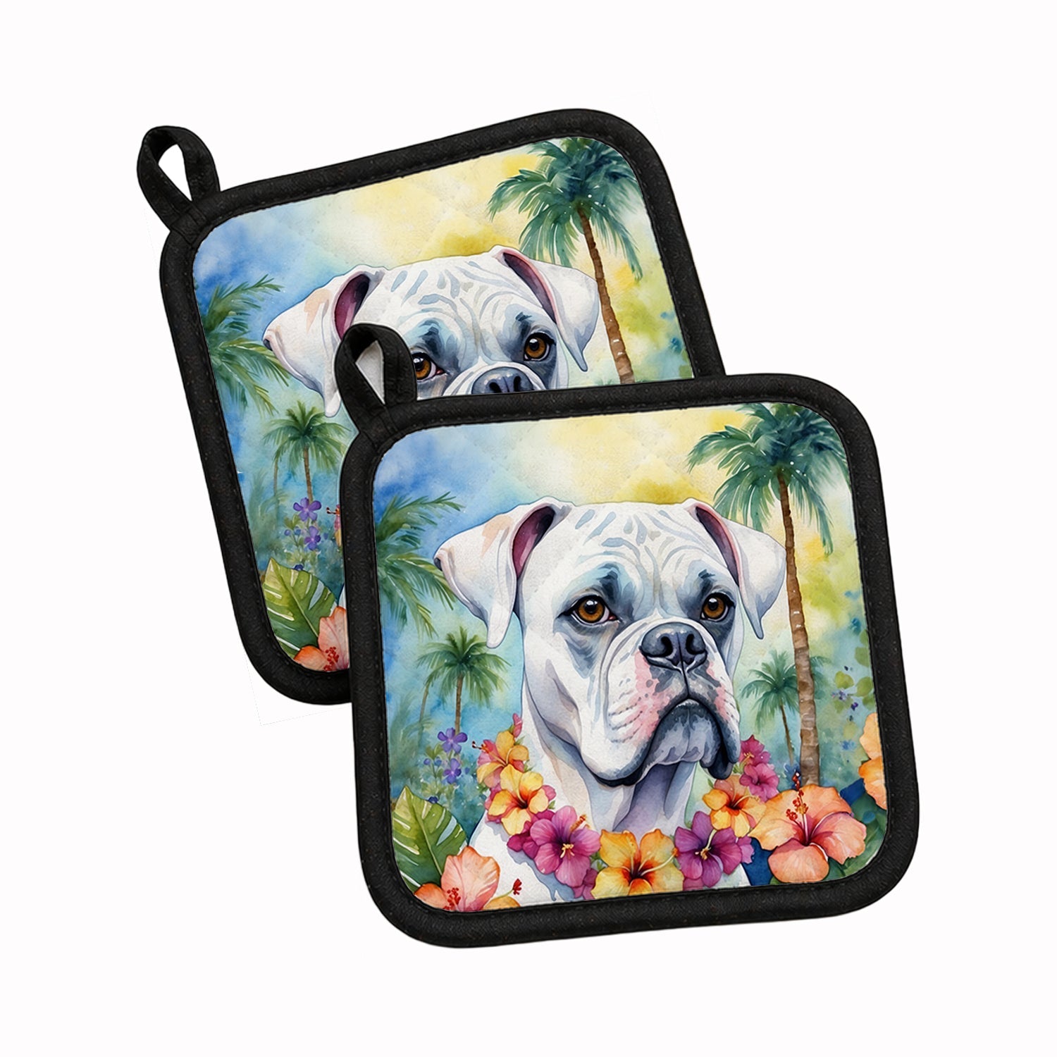 White Boxer Luau Pot Holder Set of 2 Heat Resistant Quilted Hot Pads 7.5 x 7.5 Inch, Insulated Kitchen Trivets for Cooking & Baking