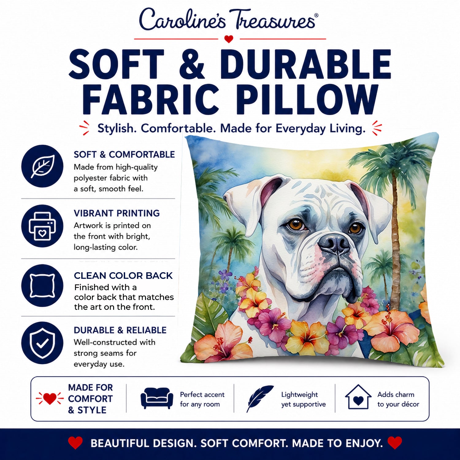 White Boxer Luau Decorative Throw Pillow 14x14 Indoor Outdoor Accent Cushion, Fabric Cover with Insert for Sofa, Bed, Porch & Living Room