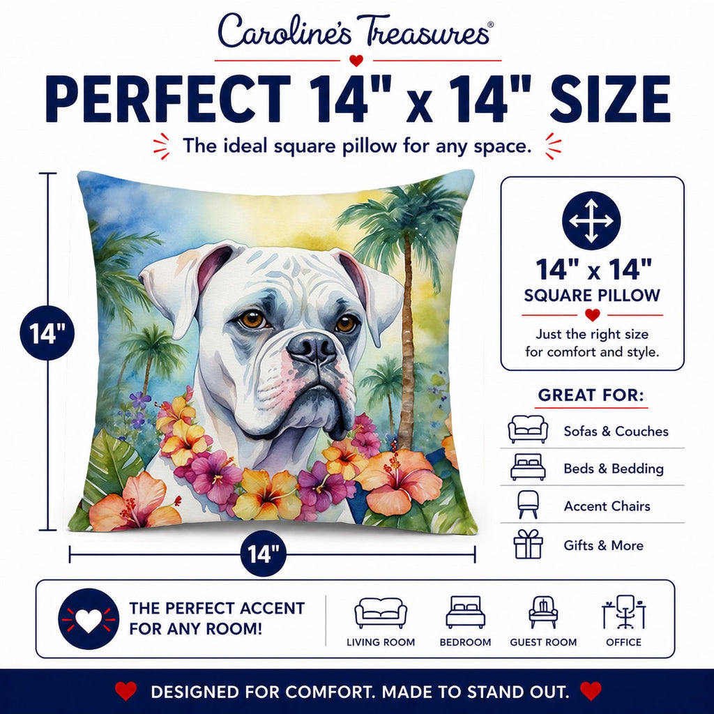 White Boxer Luau Decorative Throw Pillow 14x14 Indoor Outdoor Accent Cushion, Fabric Cover with Insert for Sofa, Bed, Porch & Living Room