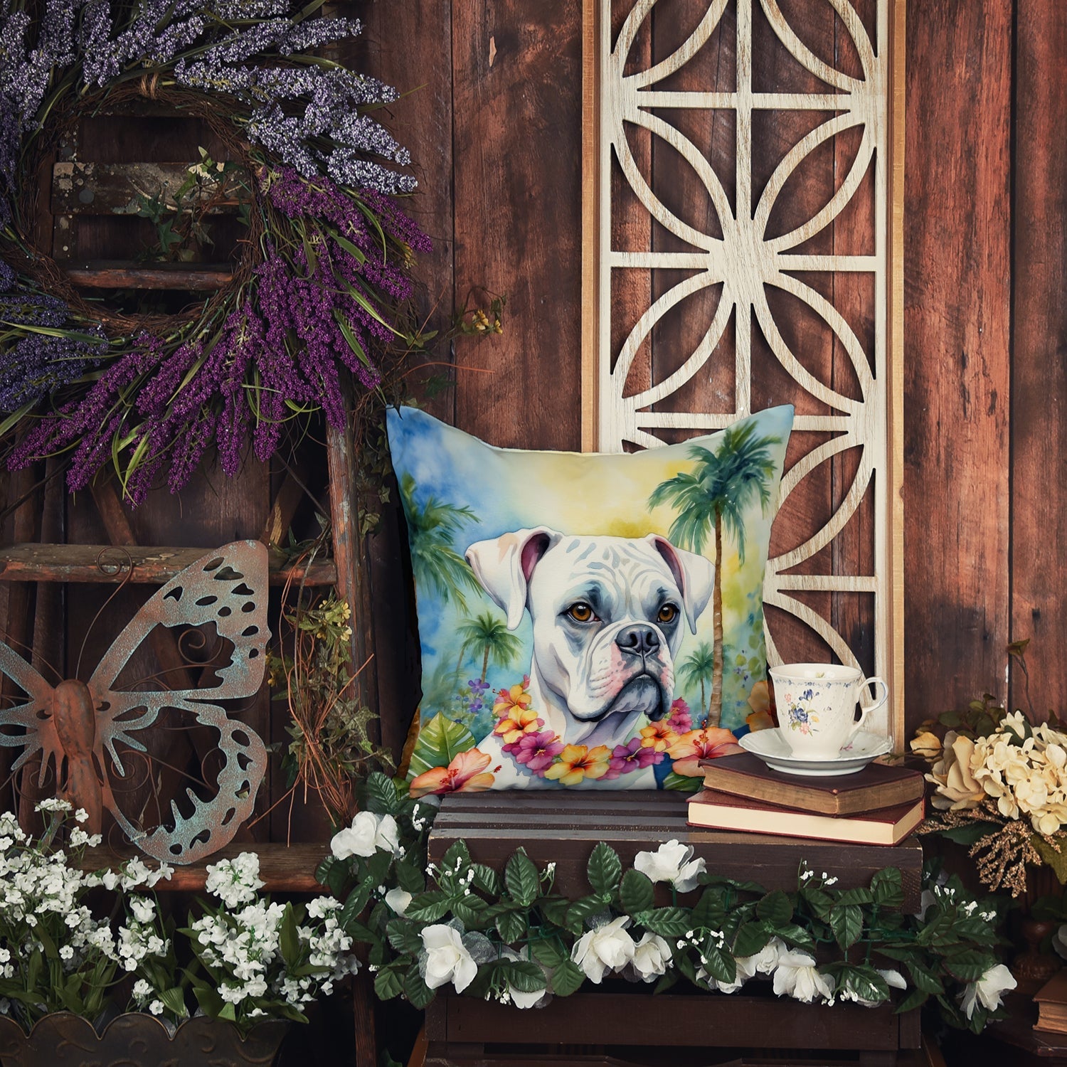 White Boxer Luau Decorative Throw Pillow 18x18 Indoor Outdoor Accent Cushion, Fabric Cover with Insert for Sofa, Bed, Porch & Living Room