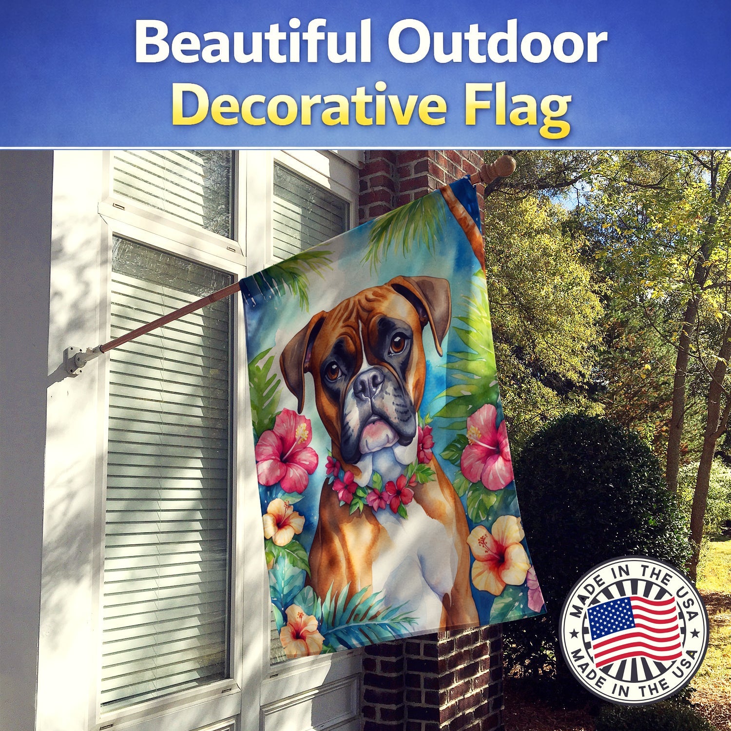 Boxer Luau House Flag 28x40 Porch Sleeve Pole Decorative Outside Yard Banner Artwork Wall Hanging, Polyester