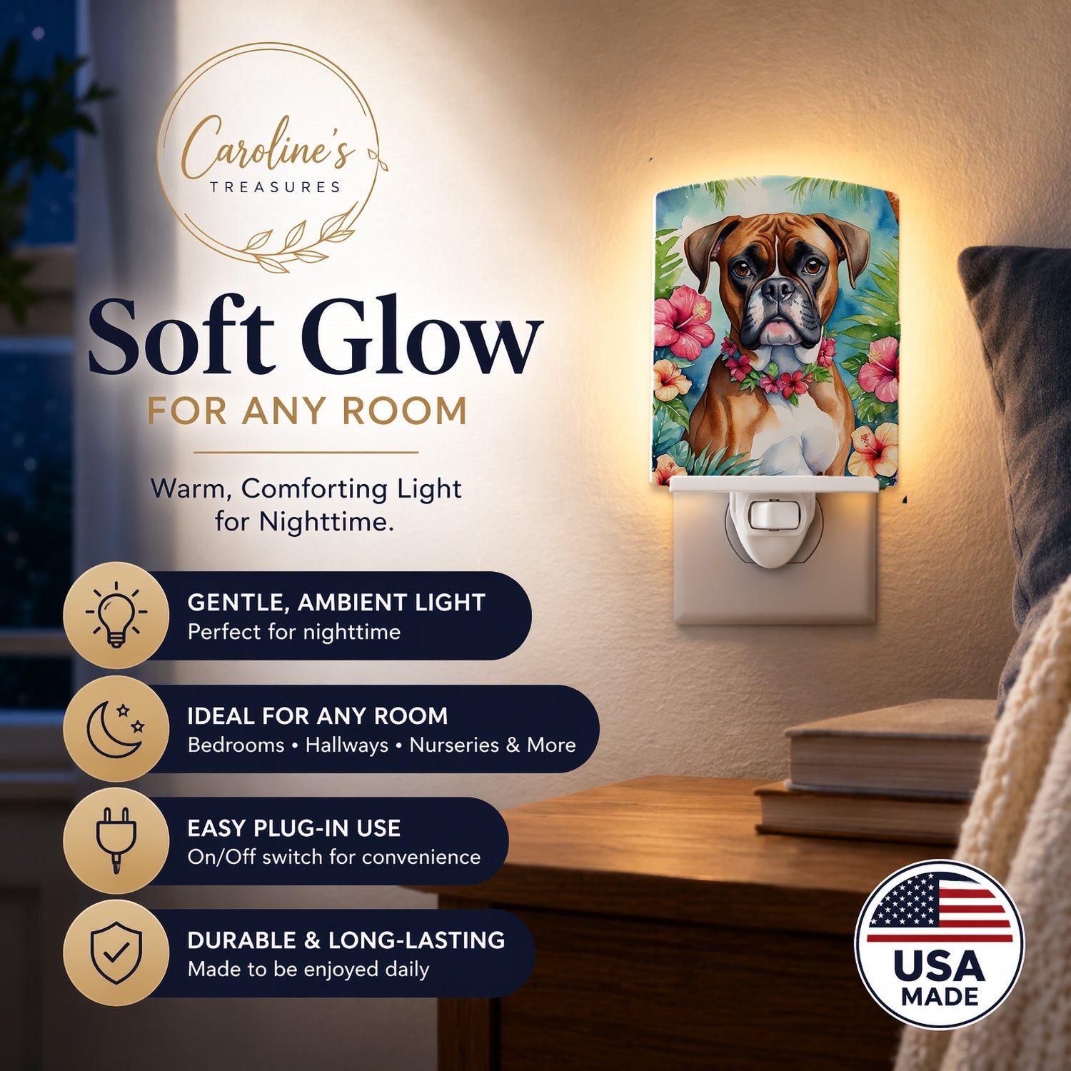 Boxer Luau Ceramic Night Light Compact, UL-Certified, Ideal for Bedroom, Bathroom, Nursery, Hallway, Kitchen, 6x4x3, Multicolor