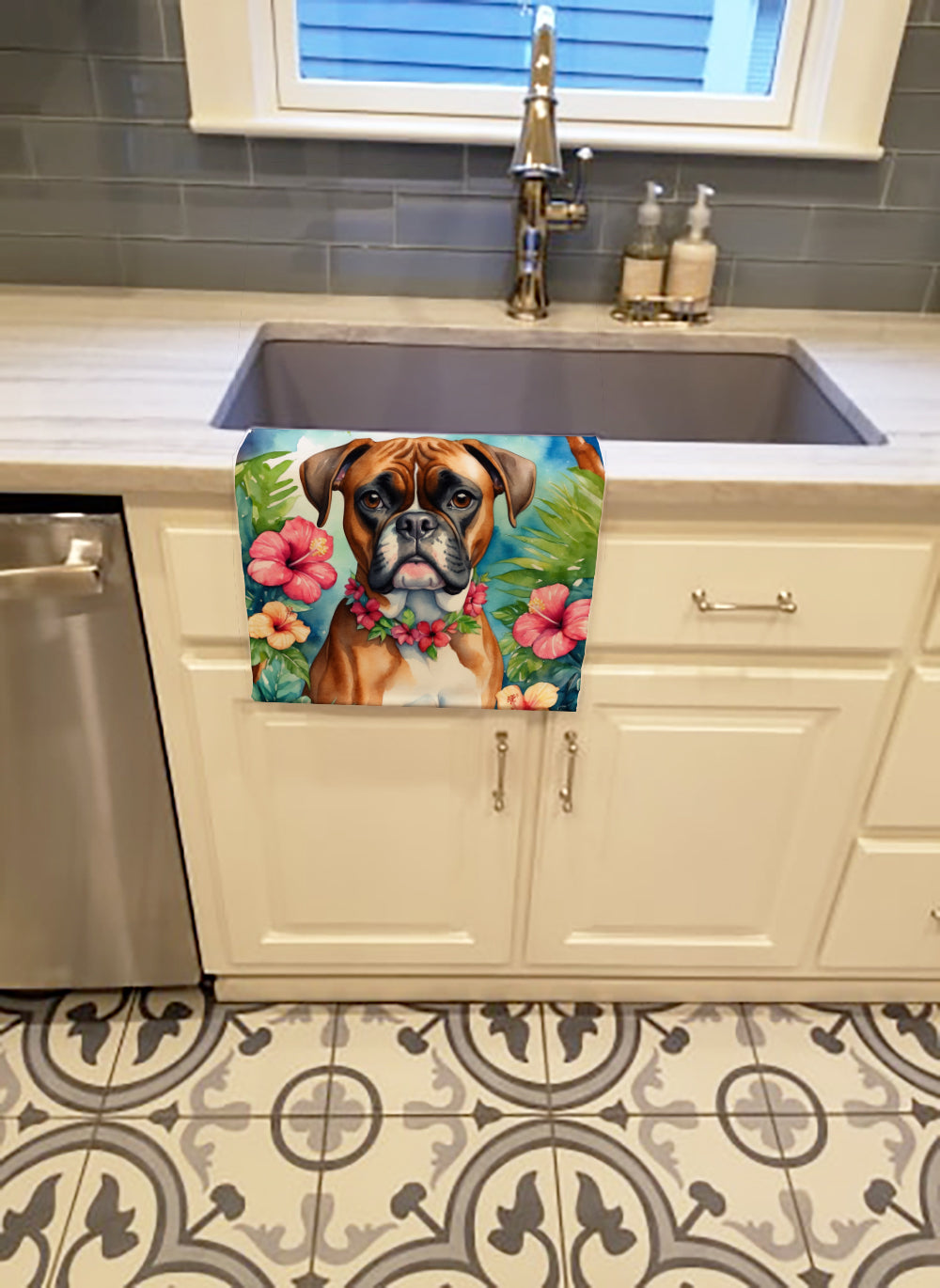 Boxer Luau Kitchen Towel Velour Plush Front and Cotton Loop Back Machine Washable