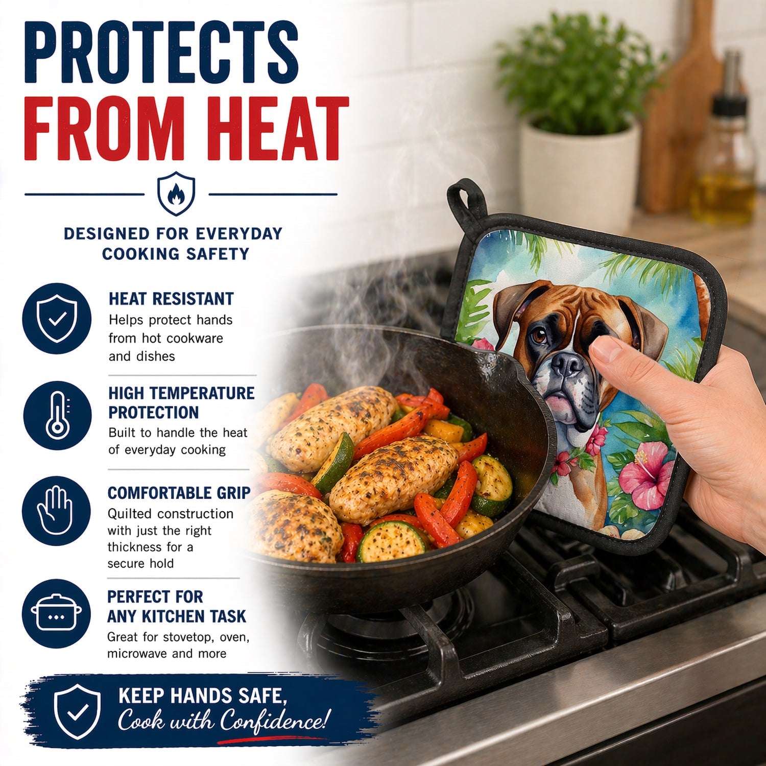 Boxer Luau Pot Holder Set of 2 Heat Resistant Quilted Hot Pads 7.5 x 7.5 Inch, Insulated Kitchen Trivets for Cooking & Baking