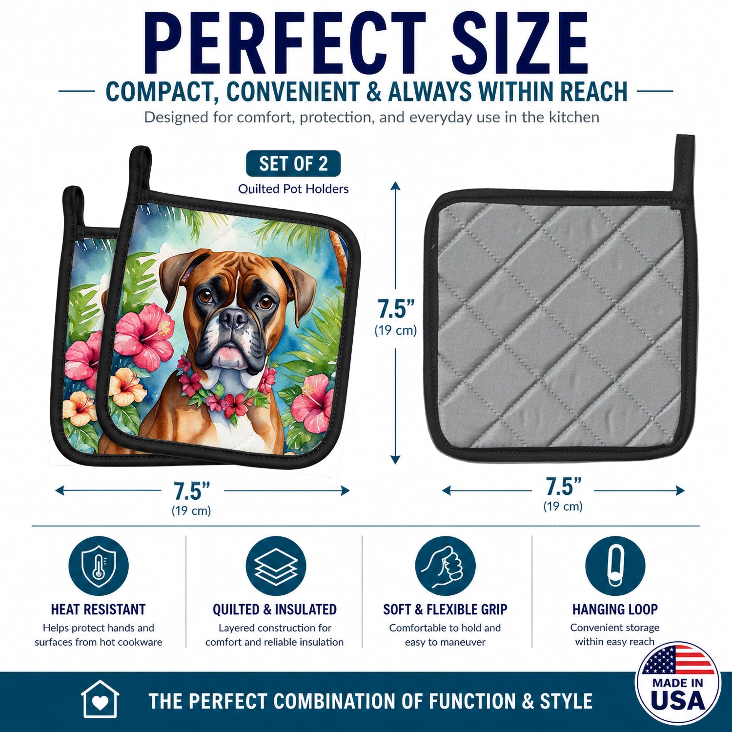 Boxer Luau Pot Holder Set of 2 Heat Resistant Quilted Hot Pads 7.5 x 7.5 Inch, Insulated Kitchen Trivets for Cooking & Baking