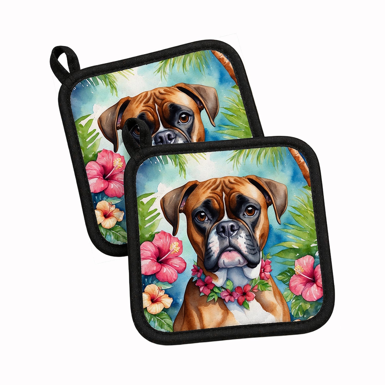 Boxer Luau Pot Holder Set of 2 Heat Resistant Quilted Hot Pads 7.5 x 7.5 Inch, Insulated Kitchen Trivets for Cooking & Baking