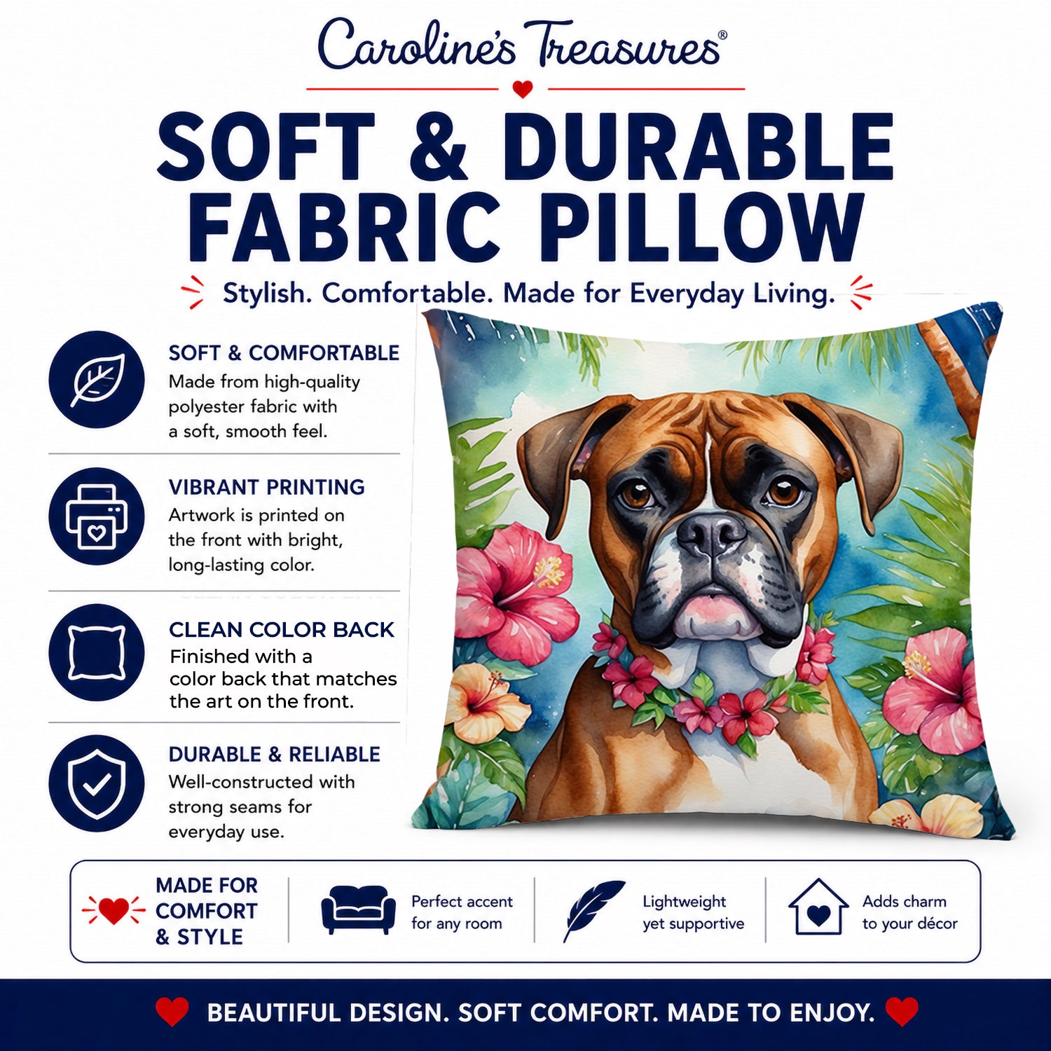 Boxer Luau Decorative Throw Pillow 14x14 Indoor Outdoor Accent Cushion, Fabric Cover with Insert for Sofa, Bed, Porch & Living Room