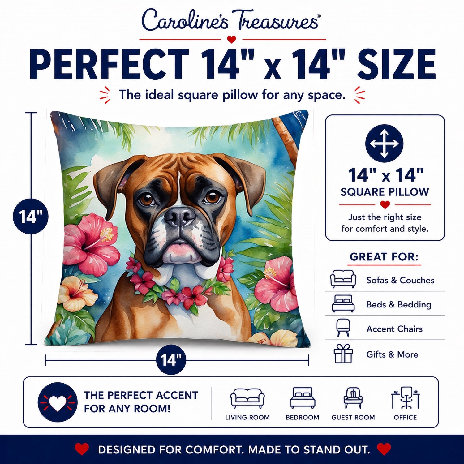 Boxer Luau Decorative Throw Pillow 14x14 Indoor Outdoor Accent Cushion, Fabric Cover with Insert for Sofa, Bed, Porch & Living Room