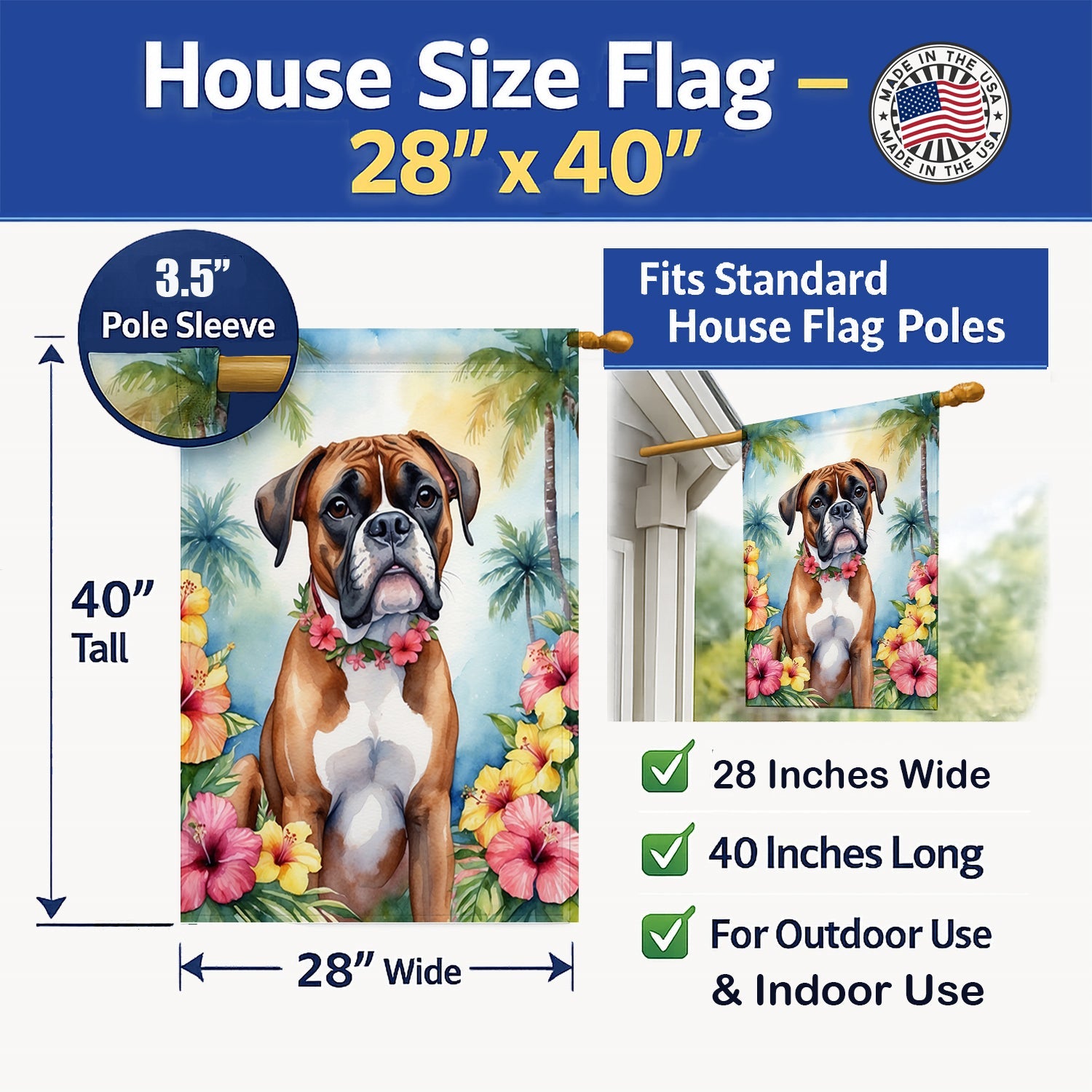 Boxer Luau House Flag 28x40 Porch Sleeve Pole Decorative Outside Yard Banner Artwork Wall Hanging, Polyester