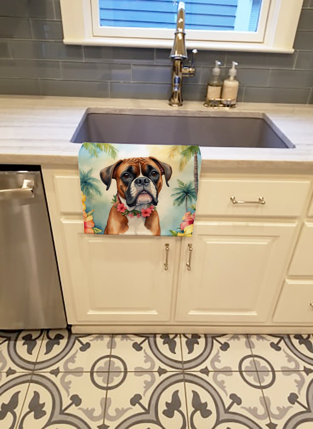 Boxer Luau Kitchen Towel Velour Plush Front and Cotton Loop Back Machine Washable