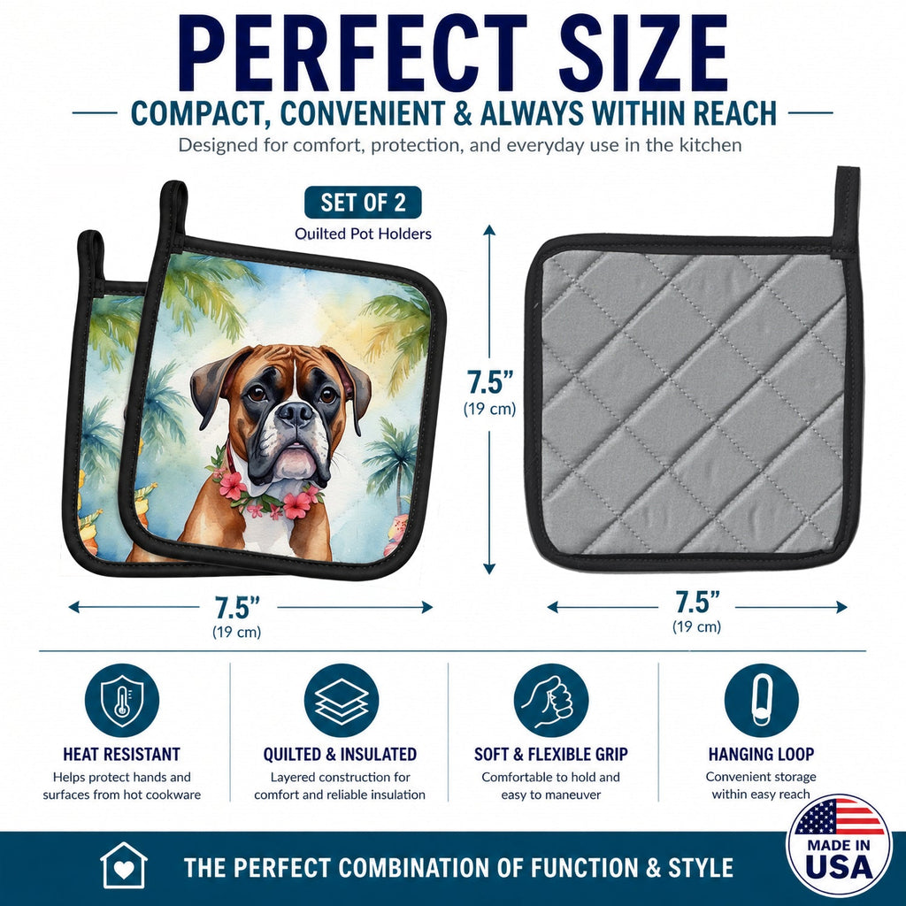 Boxer Luau Pot Holder Set of 2 Heat Resistant Quilted Hot Pads 7.5 x 7.5 Inch, Insulated Kitchen Trivets for Cooking & Baking