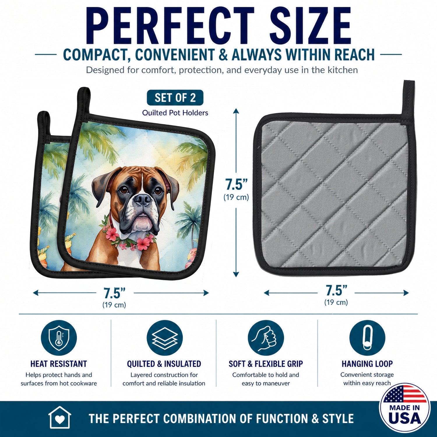 Boxer Luau Pot Holder Set of 2 Heat Resistant Quilted Hot Pads 7.5 x 7.5 Inch, Insulated Kitchen Trivets for Cooking & Baking