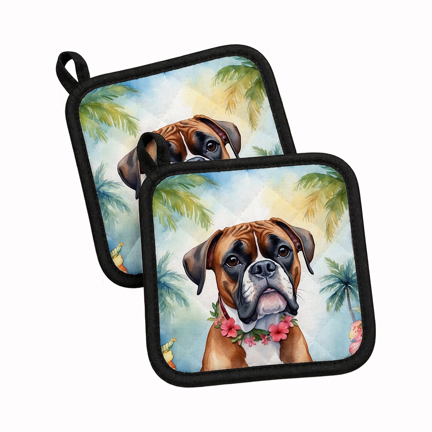 Boxer Luau Pot Holder Set of 2 Heat Resistant Quilted Hot Pads 7.5 x 7.5 Inch, Insulated Kitchen Trivets for Cooking & Baking